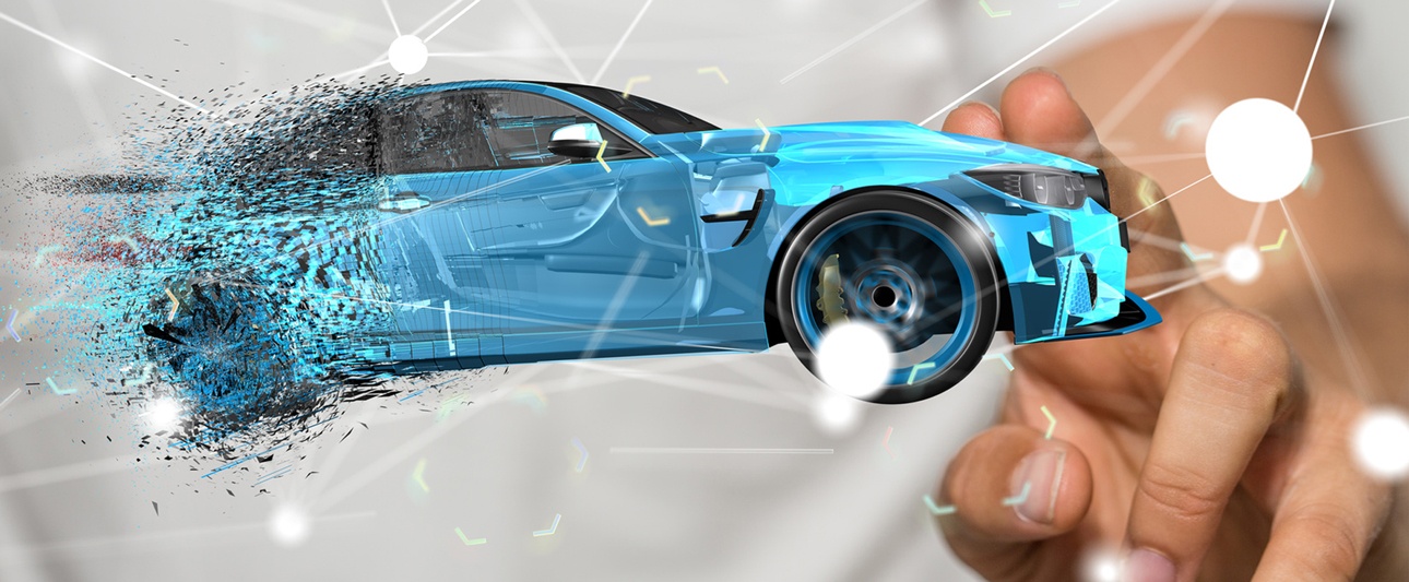 Türkiser dynamischer PKW im modern-art-Style abstrahiert, rechts im Hintergrund eine Hand